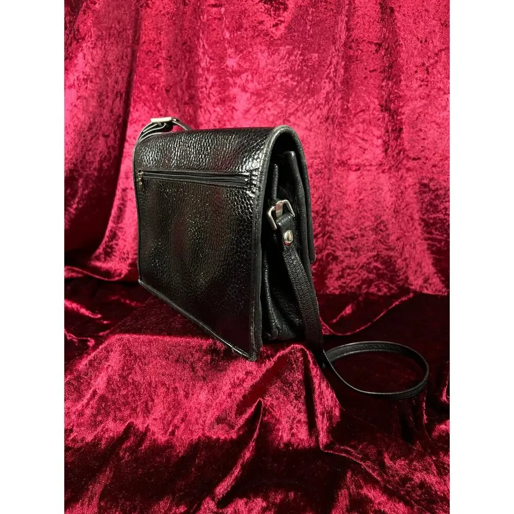Vintage Y2K Black Leather Shoulder Bag - Reptile Embossed Patchwork Purse